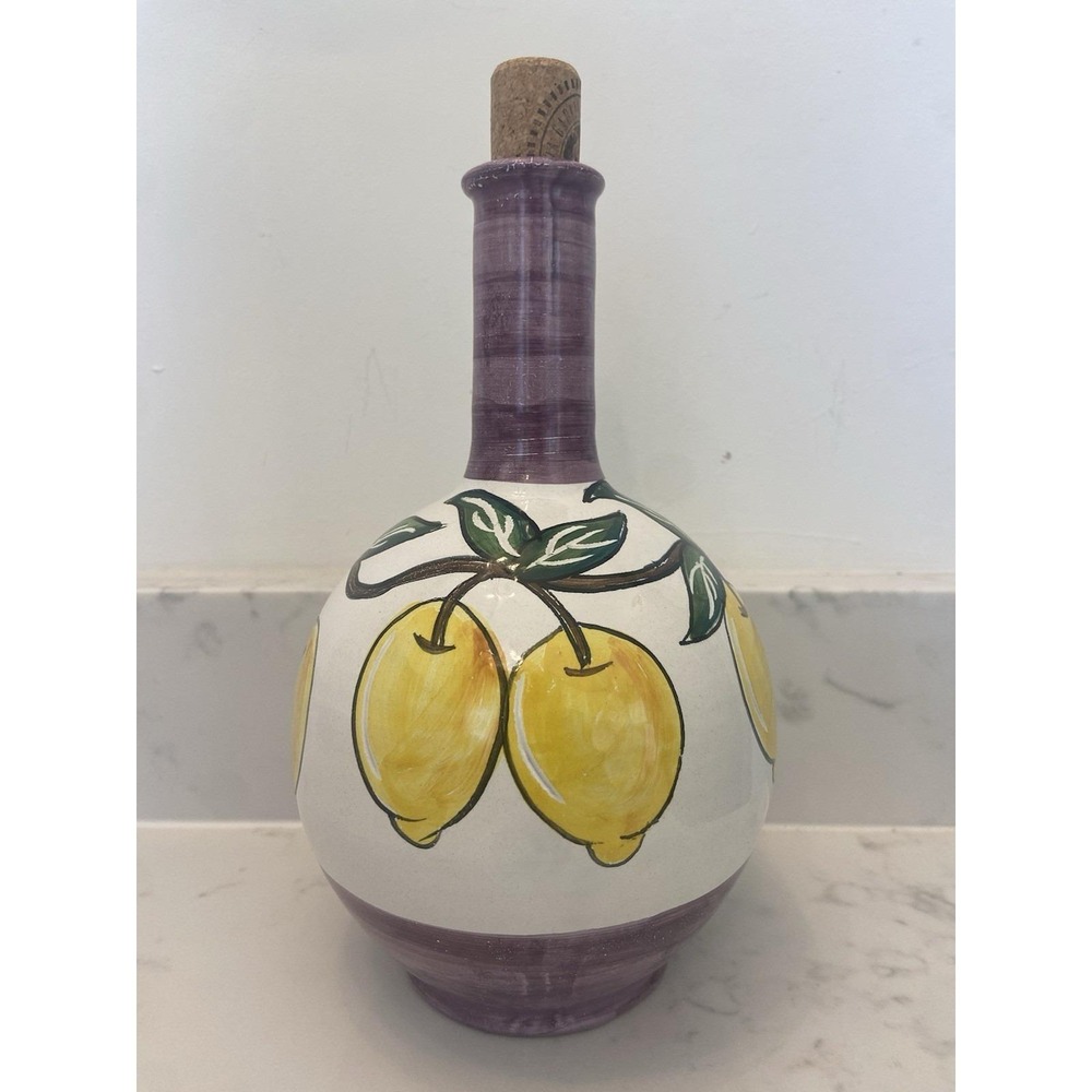 Vintage Italian Decanter Handpainted Lemons Purple Accent Signed On Bottom‎ EUC